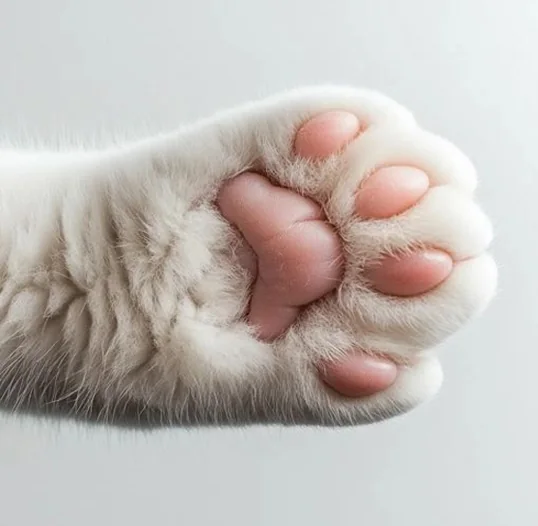Patita de gato blanca con almohadillas rosadas
