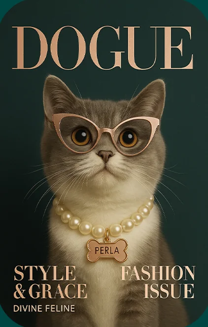Portada editorial con una gata con gafas y collar de perlas