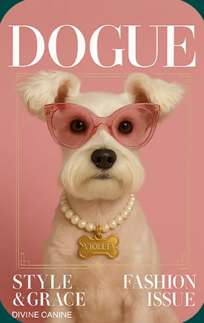 Portada editorial con un perrito blanco con gafas rosadas y perlas