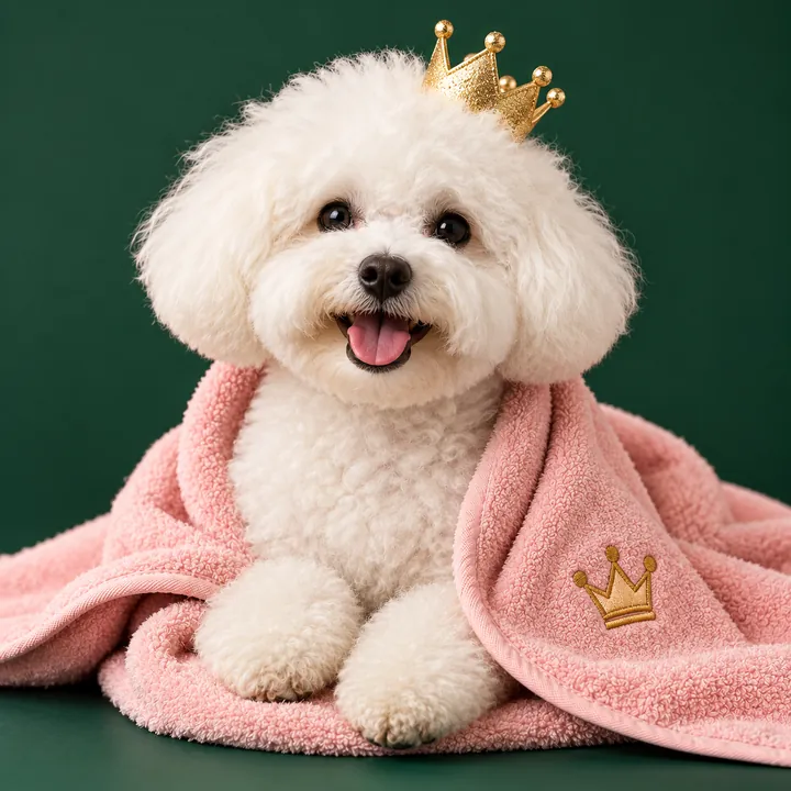 Bichón frisé recién bañado envuelto en toalla rosa con corona